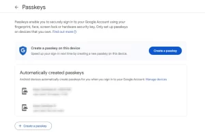 Tạo passkey trên website Google passkey